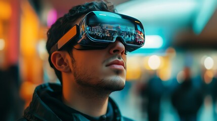 Young man using VR headset, exploring virtual cityscape.
