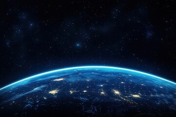 Naklejka premium Breathtaking View of Earth from Outer Space with Vibrant Blue Oceans and Lush Green Continents Under a Starry Sky Evoking Wonder and Curiosity