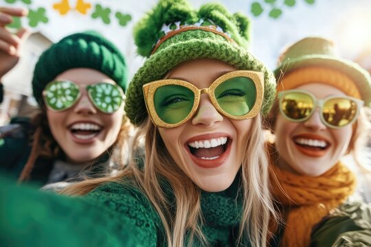Friends celebrating st. patrick's day in festive costumes and accessories