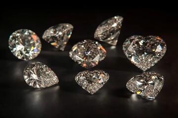 An array of diamonds with a dark background, showcasing their sparkling and reflective qualities, with some floating in the air and others lying on flat surfaces. 