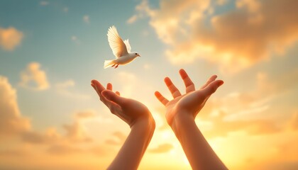White Dove Released Into Sunset Sky Peaceful Hands Image