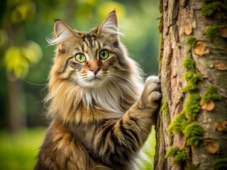 Norwegian Forest Cat Scratching Tree Trunk with Copy Space