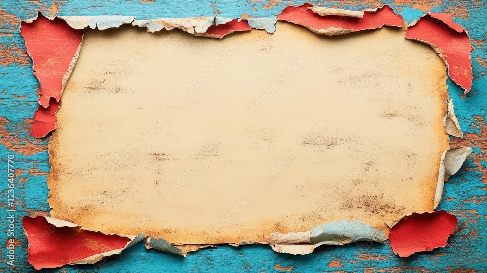 Poster artistic composition of torn paper pieces on vibrant blue wooden background creating a unique textur