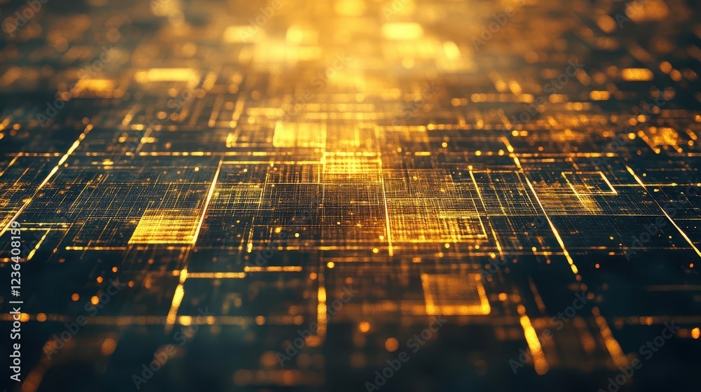 Poster Close Up of Intricate Circuit Board Featuring Vibrant Yellow Light Illuminating Complex Components Creating a High Tech and Futuristic Atmosphere