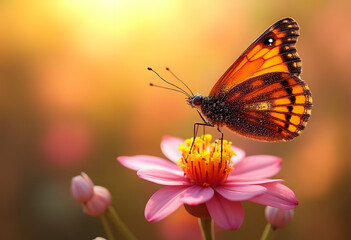 Obraz premium Delicate Butterfly Perched on Soft Pink Flower with Warm Golden Sunset Backdrop