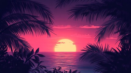 A pink sunset over the ocean, with palm leaves silhouetted against it. The sky is painted in shades of purple and red, creating an otherworldly atmosphere that adds to its beauty.
