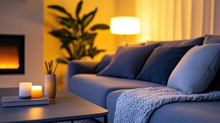 Cozy Evening Atmosphere in a Living Room with Warm Lighting, Soft Furnishings, and Aromatic Candles