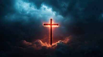 Fototapeta premium glowing cross emerges from dark storm clouds, symbolizing hope and faith amidst turmoil. dramatic lighting creates powerful and emotional atmosphere