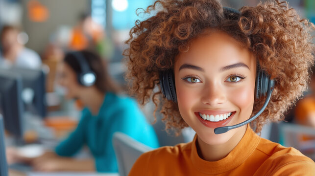 A customer service representative with curly hair and a headset engages with clients in a bright, contemporary workspace filled with monitors and colleagues