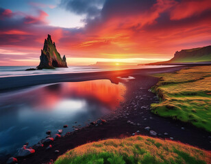 Vivid Sunset Over Coastal Rock Formations and Vibrant Landscape in Iceland