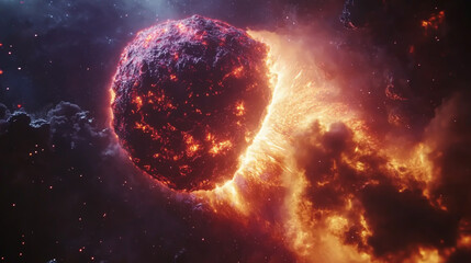 Obraz premium Glowing meteorite flying through space with fiery sparks and smoke cinematic view.