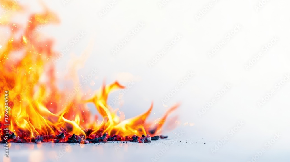 Poster intense close up of a flickering fire with dancing flames and glowing embers creating a warm and inv