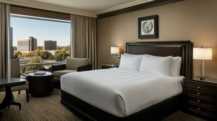 A fresh, clean, and contemporary hotel bedroom with high-end finishes, pristine white bedding, and top-down angle.