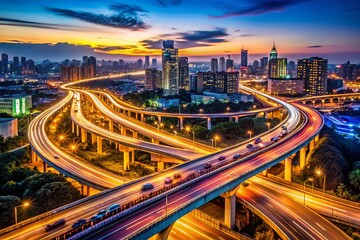 Panoramic Aerial View of Busy Urban Expressway Intersecting with Skyline