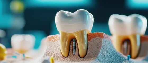 A close-up of a tooth model highlighting its structure, emphasizing the enamel and roots, ideal for dental education and awareness.