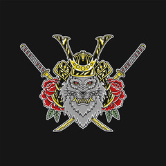 Swords Samurai Wolf Illustration In Traditional Tattoo Style