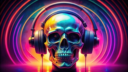 80s aesthetic panoramic wallpaper.  Retro skull headphones design.  Vintage skull art.