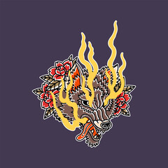 Fire Wolf Illustration In Traditional Tattoo Style