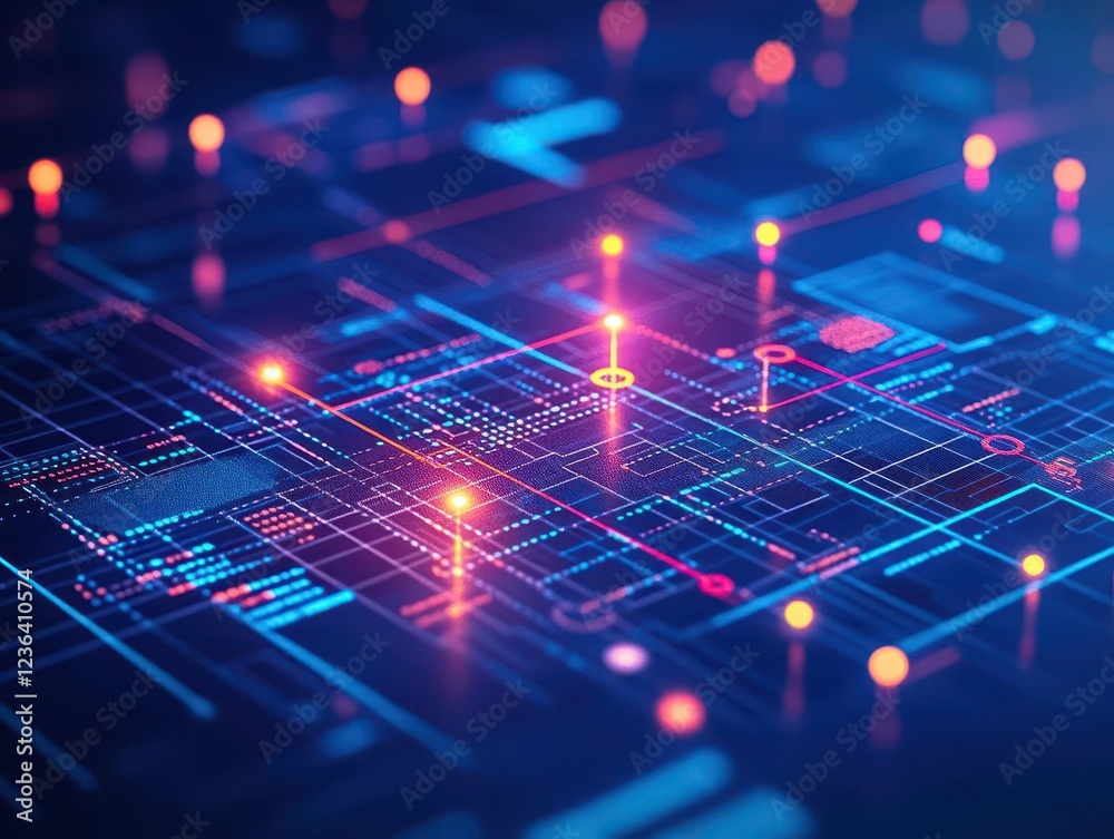 Poster intricate blue and pink circuit design featuring central circuit element evoking a sense of technolo