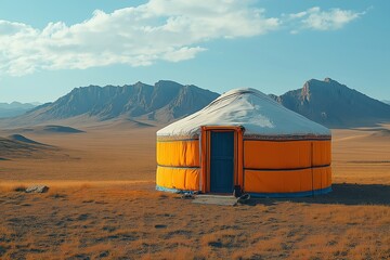 Traditional yurt stands amidst vast grassland and mountains on a sunny day in Mongolia