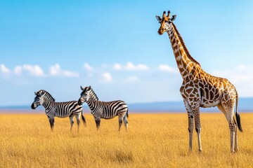 A Majestic Giraffe Gracefully Standing Tall Amidst Lush Green Grasses Underneath a Clear Blue Sky Evoking a Sense of Freedom and Natural Beauty