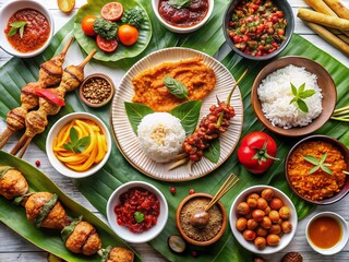 Panoramic Malaysian Food Flatlay: Nasi Lemak, Char Kway Teow, Satay & More