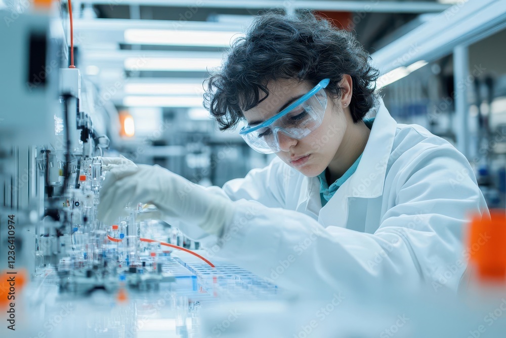 Poster Focused Young Scientist in Laboratory Setting Engaged in Complex Machine Experimentation Surrounded by Advanced Technology and Equipment for Research