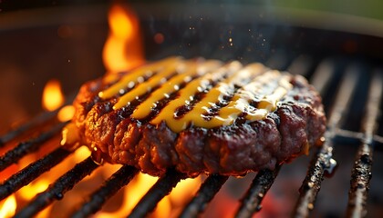 Grilled Beef Patty with Melted Cheese on an Open Flame BBQ