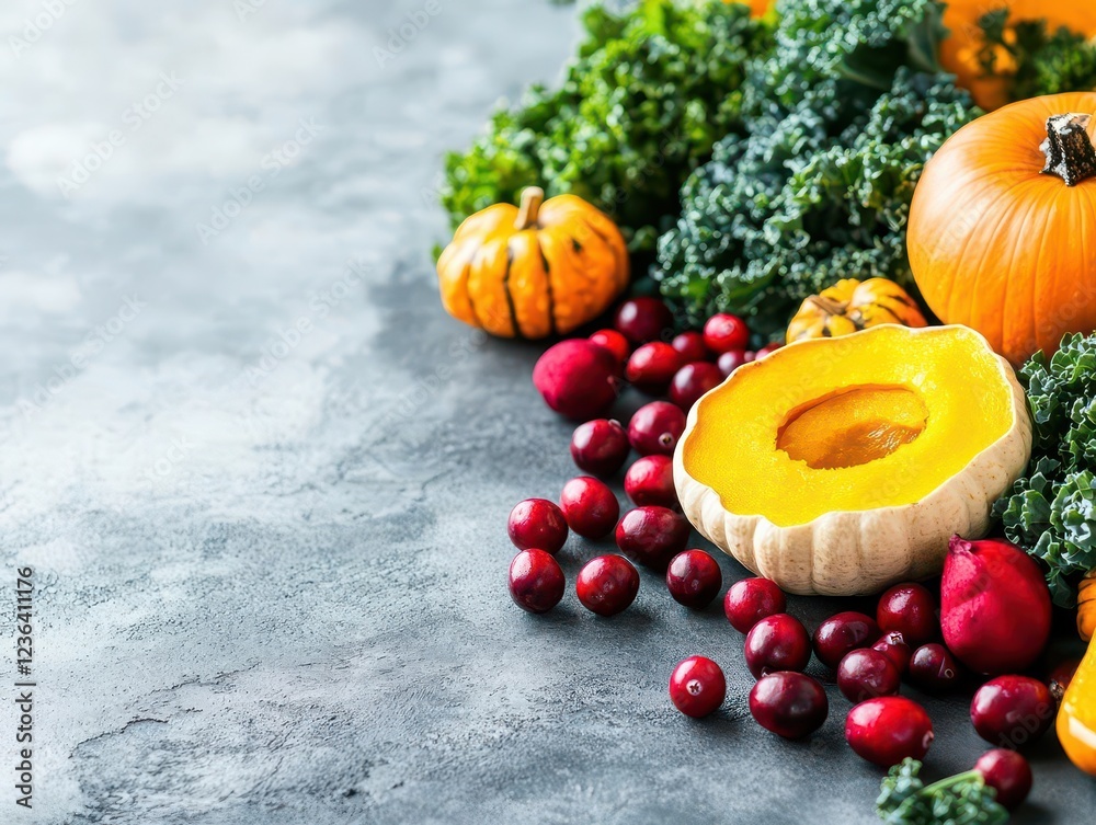 Poster Vibrant Autumn Table Display Featuring Colorful Pumpkins Fresh Kale and Bright Cranberries Creating a Rustic and Inviting Seasonal Atmosphere