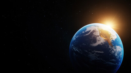 Obraz premium stunning view of Earth from space, showcasing planet curvature and sun rising on horizon, illuminating atmosphere with warm glow