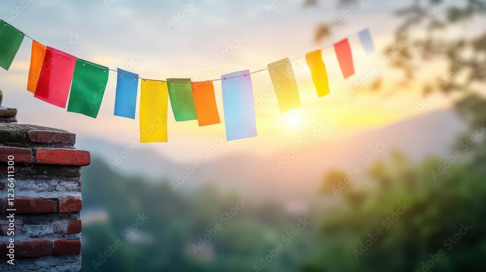 Poster vibrant colorful flags displayed against a rustic brick wall creating a lively and festive atmospher
