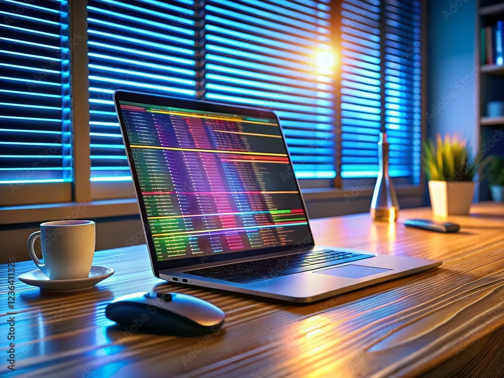 Poster panoramic view: programmer's desk with laptop coding