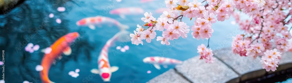 Aufkleber tranquil pond surrounded by delicate cherry blossoms with colorful fish swimming gracefully beneath 