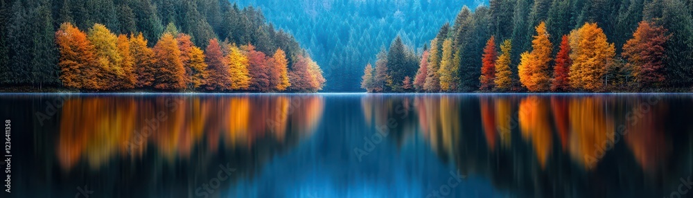 Poster tranquil autumn scene of a serene lake surrounded by vibrant trees in fall colors reflecting the bea