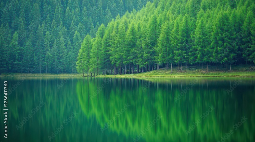 Poster tranquil forest scene with a serene lake surrounded by lush greenery and tall trees under a clear bl