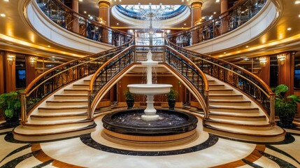 Obraz premium Grand Staircase and Fountain in Luxurious Cruise Ship Interior