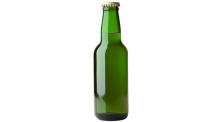 Green beer bottle with golden cap on transparent background