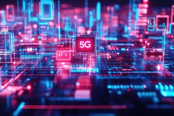 Obraz premium Futuristic Urban Landscape Showcasing A Vibrant City Skyline With A Prominent 5g Symbol Illuminating The Night Sky Creating An Innovative Atmosphere