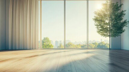 Fototapeta premium Bright and Airy Room Featuring a Large Window Allowing Natural Light to Pour In with a Lush Green Tree Providing a Touch of Nature and Tranquility