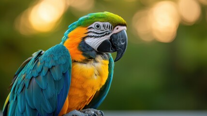 Fototapeta premium Vibrant macaw parrot portrait lush greenery wildlife photography natural habitat close-up view avian beauty