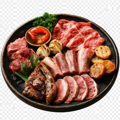 Assorted Grilled Meats on a Black Plate with Fresh Vegetables and Sauces Ideal for Barbecue and Dining Experience