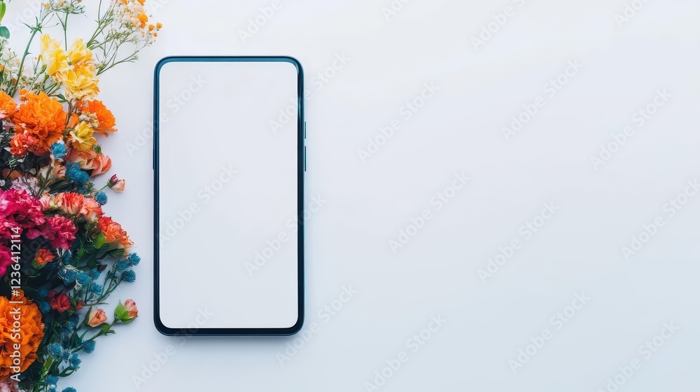 Aufkleber smartphone displaying white screen surrounded by vibrant colorful flowers creating a fresh and livel