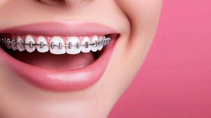 Obraz premium Bright smiles with braces dental office photography cheerful environment close-up view oral health awareness