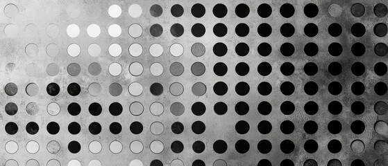 Black and white halftone pattern with abstract circular gradients and bold contrast.
