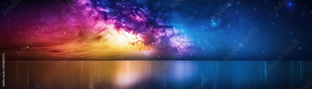 Poster vibrant galaxy with twinkling stars and dreamlike reflection on tranquil water surface creating a my
