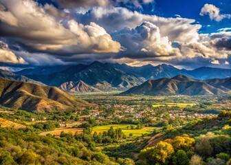 Obraz premium Panoramic View of Ojai Valley with Distant Topa Topa Mountains on a Cloudy Day