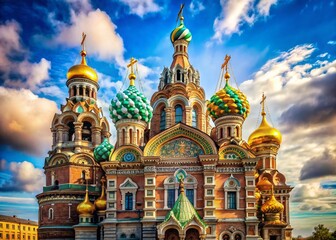 Obraz premium Panoramic View of Saint Petersburg's Resurrection Cathedral, Vibrant Domes and Architectural Details