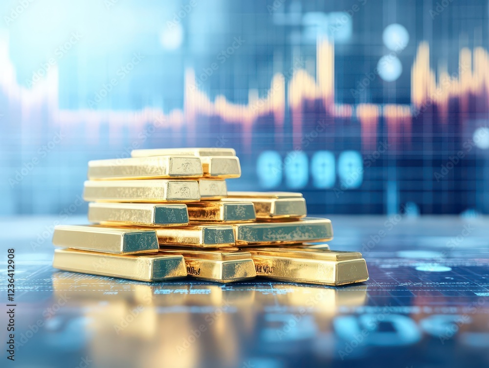 Poster glistening gold bars arranged neatly on table surrounded by financial stock chart illustrating marke