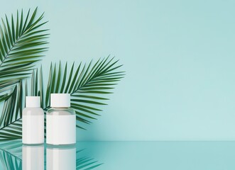 Two white cosmetic bottles with blank labels and a palm leaf on a glass table, isolated against a blue background. This is a mockup for the design of a natural, organic beauty product brand. 