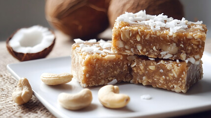 Cashew and coconut energy bars with a perfect balance of sweetness and crunch, ideal for a quick snack or post-workout boost.